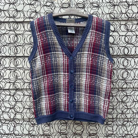 Vintage 90s Northern Reflections Plaid Knit Navy Maroon Beige Sweater Vest MED - Picture 1 of 5
